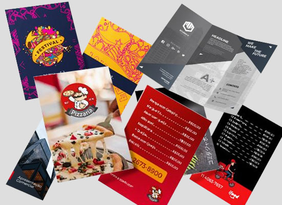 Amostra de panfletos, folhetos e materiais promocionais impressos